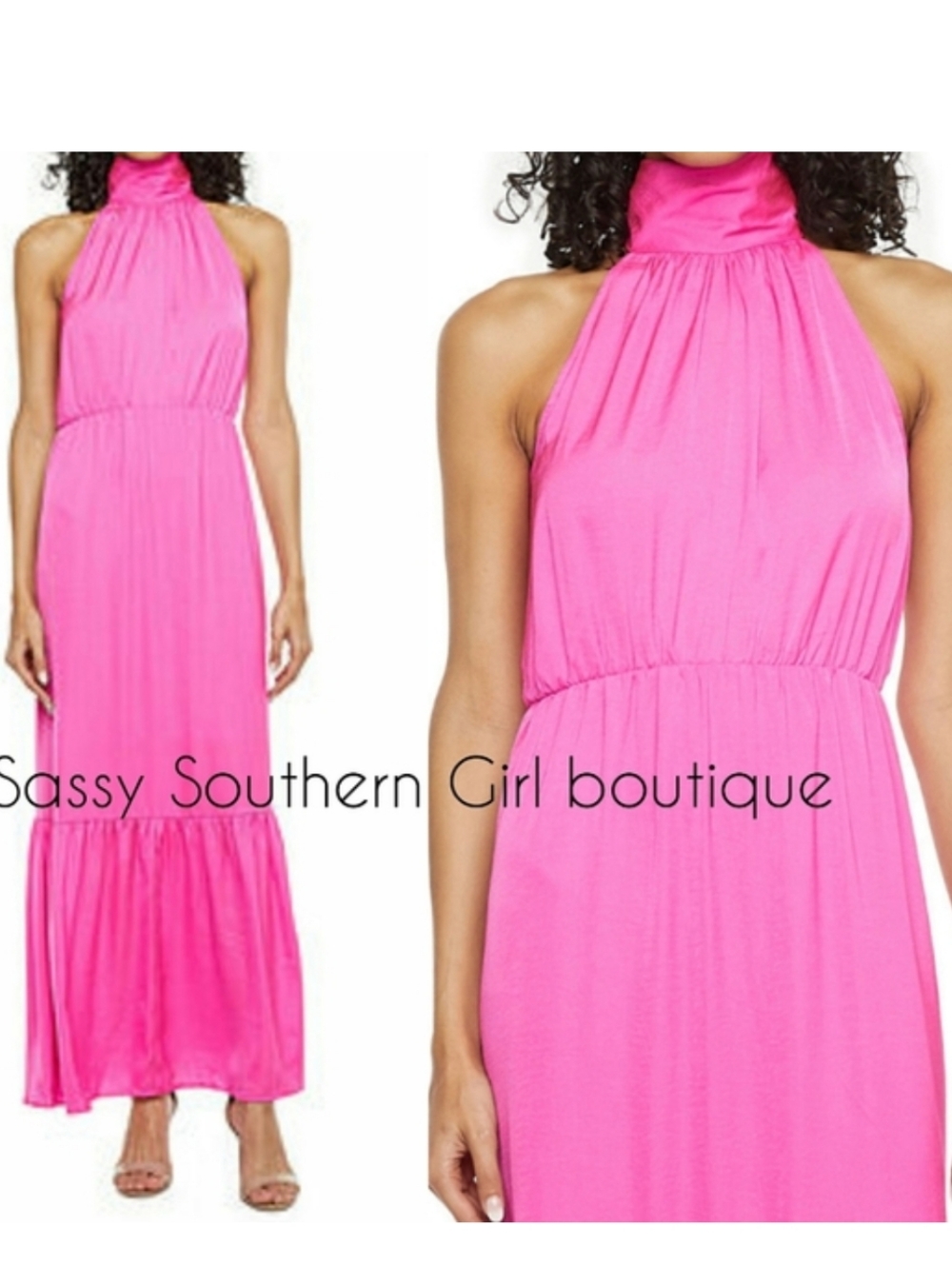 ⭐🆕 Hot pink matte satin halter maxi dress
